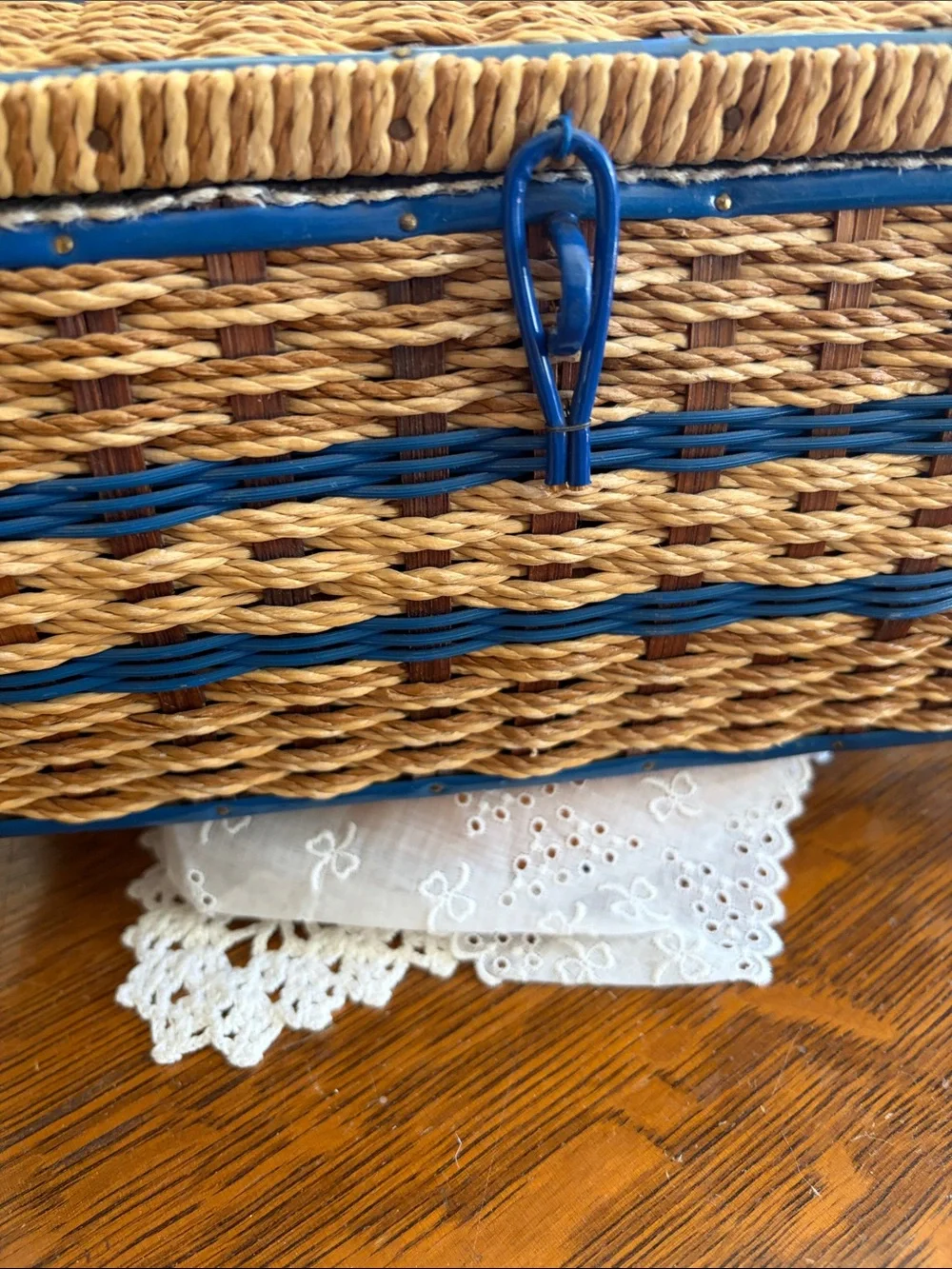 Woven Straw Storage Basket with Blue Trim and Handle